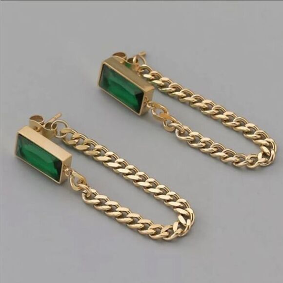 The Champion Square Emerald Crystal Gold Chain Dangle drop Earrings - Picture 3 of 8